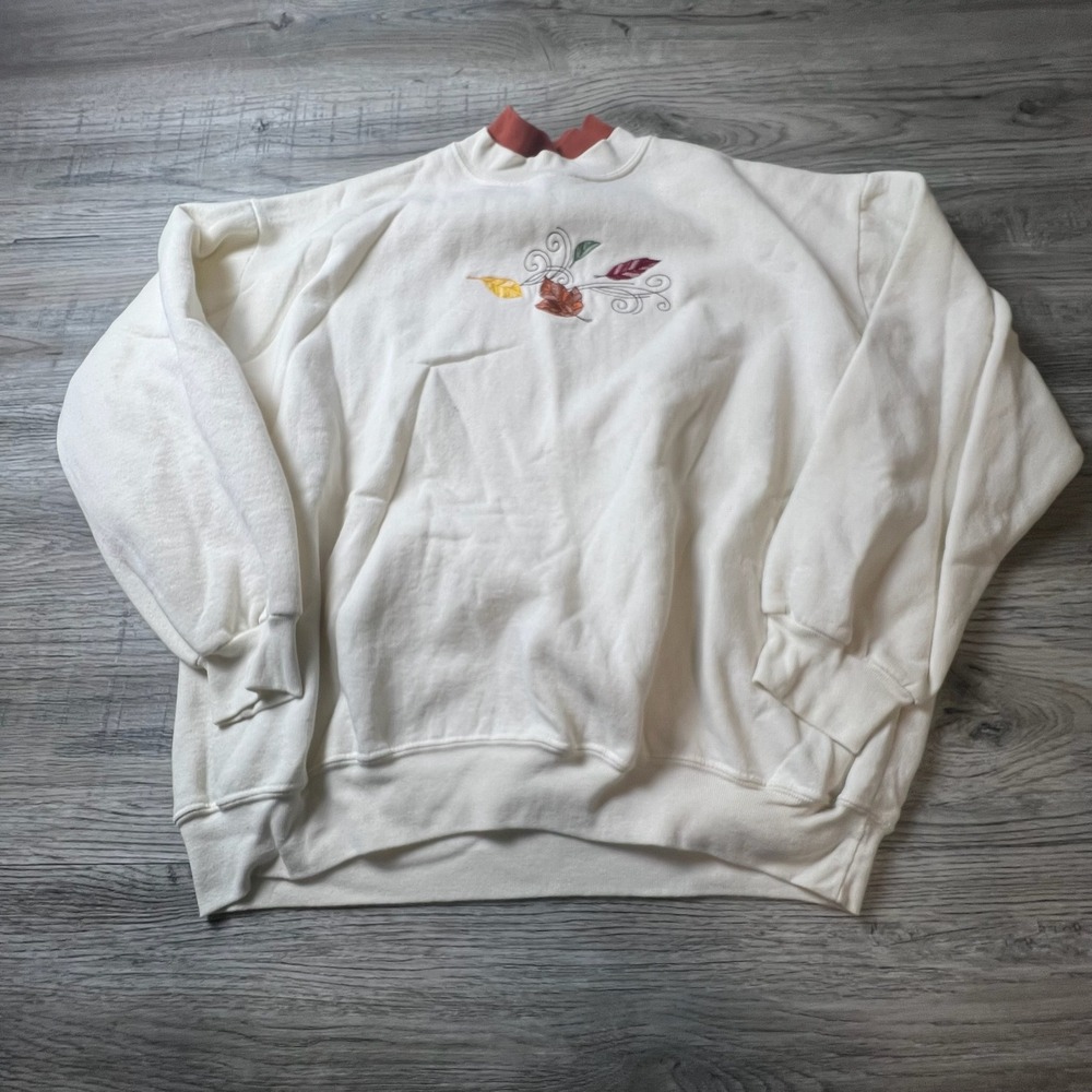 Grandma Sweatshirt Womens XL Cream Rust Orange Embroidered‎ Leaf Fall Vintage